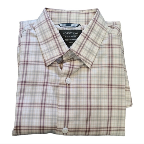 NORDSTROM Tech Smart Trim Fit Button Down Brown Plaid Shirt Size S - Picture 4 of 4